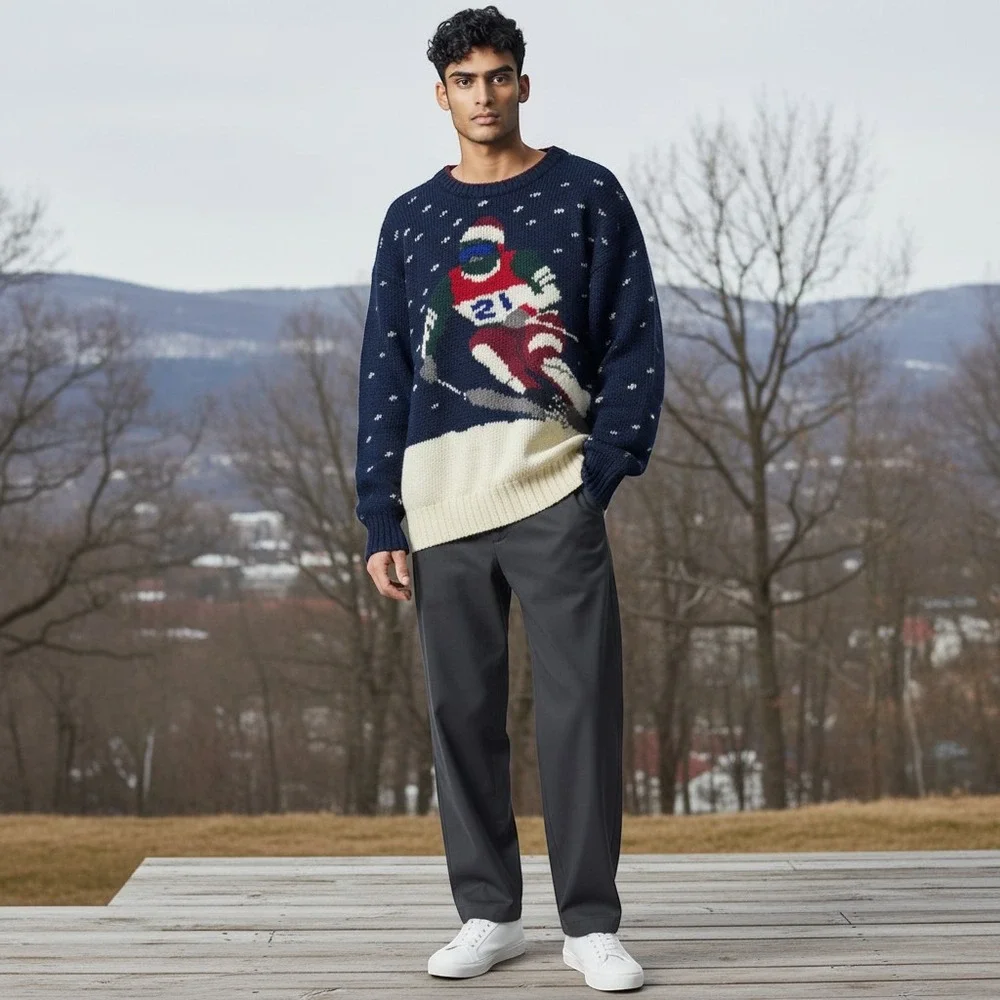 90s Boston Traders Wool Ski Intarsia Sweater Men L Winter Grandpa Old Money Gorp